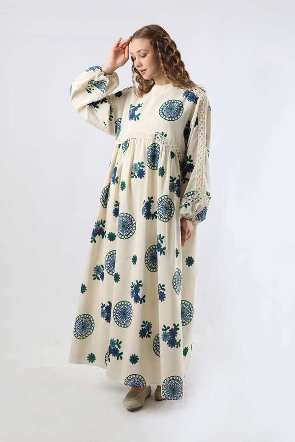 Güpürlü Etnik Desen Elbise Mavi - 3