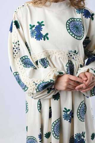 Güpürlü Etnik Desen Elbise Mavi - 4