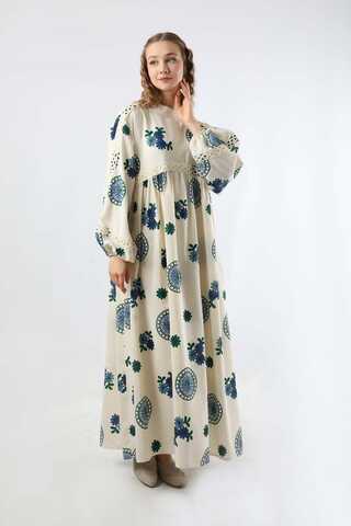 Güpürlü Etnik Desen Elbise Mavi - 5