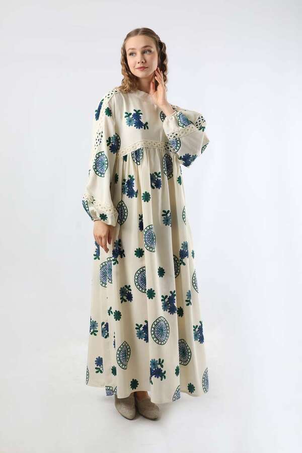 Güpürlü Etnik Desen Elbise Mavi - 5