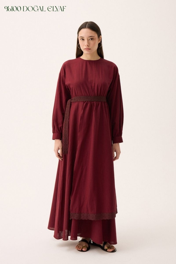 Güpürlü Zeren Elbise Bordo 
