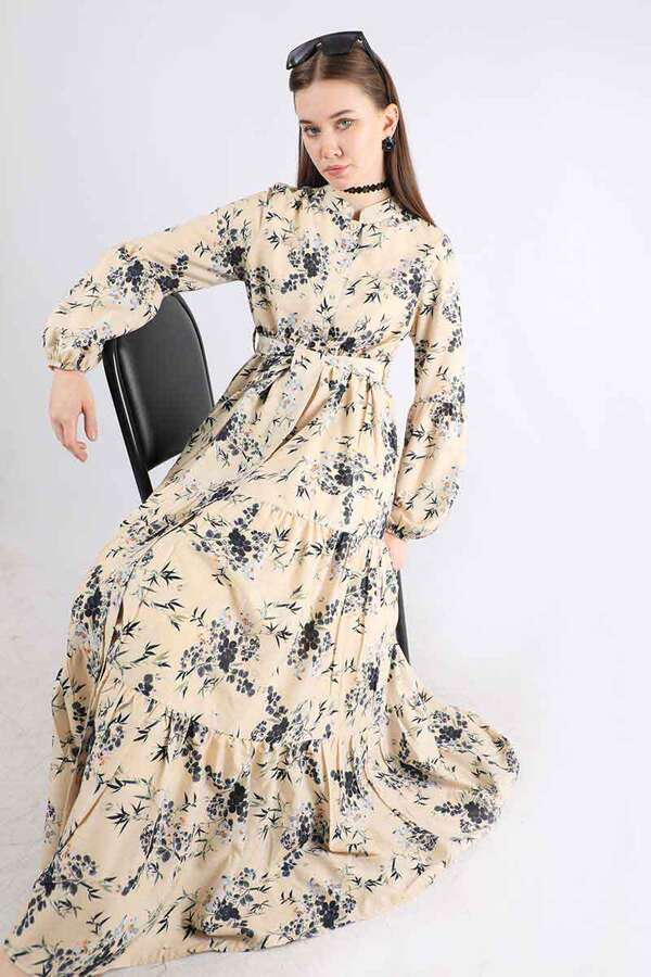 Hakim Yaka Çiçekli Elbise Gri - 1