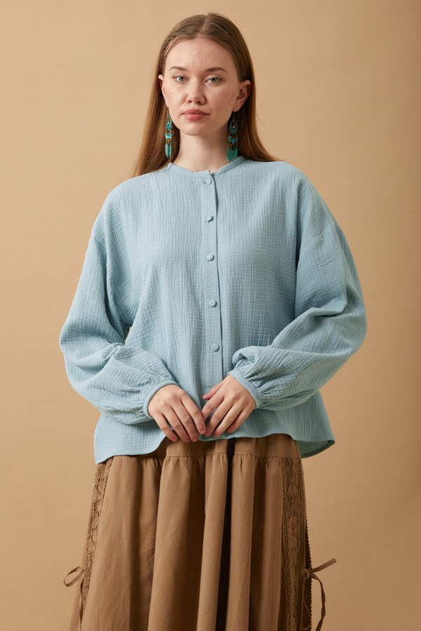 Hakim Yaka Müslin Gömlek Açık Mavi 