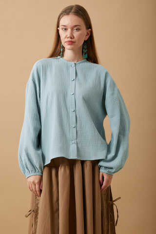 Hakim Yaka Müslin Gömlek Açık Mavi - 2
