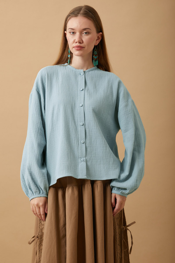 Hakim Yaka Müslin Gömlek Açık Mavi - 2