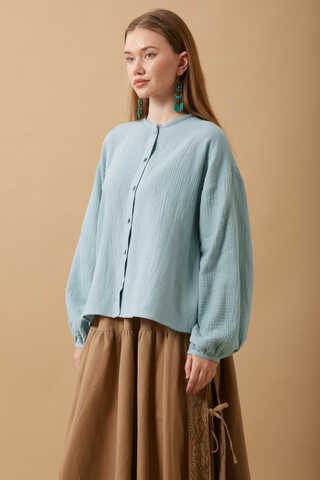 Hakim Yaka Müslin Gömlek Açık Mavi - 3