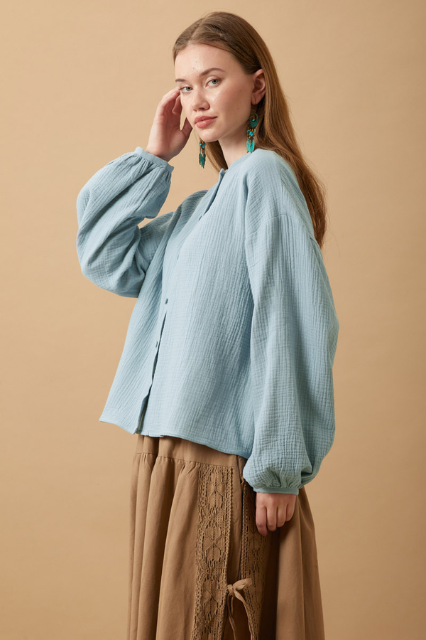 Hakim Yaka Müslin Gömlek Açık Mavi - 5