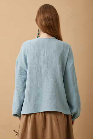 Hakim Yaka Müslin Gömlek Açık Mavi - 7
