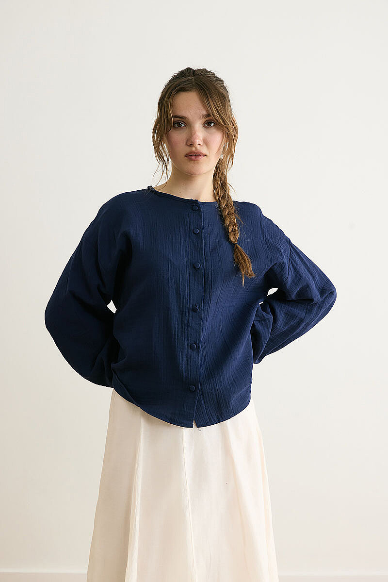 Hakim Yaka Müslin Gömlek Lacivert