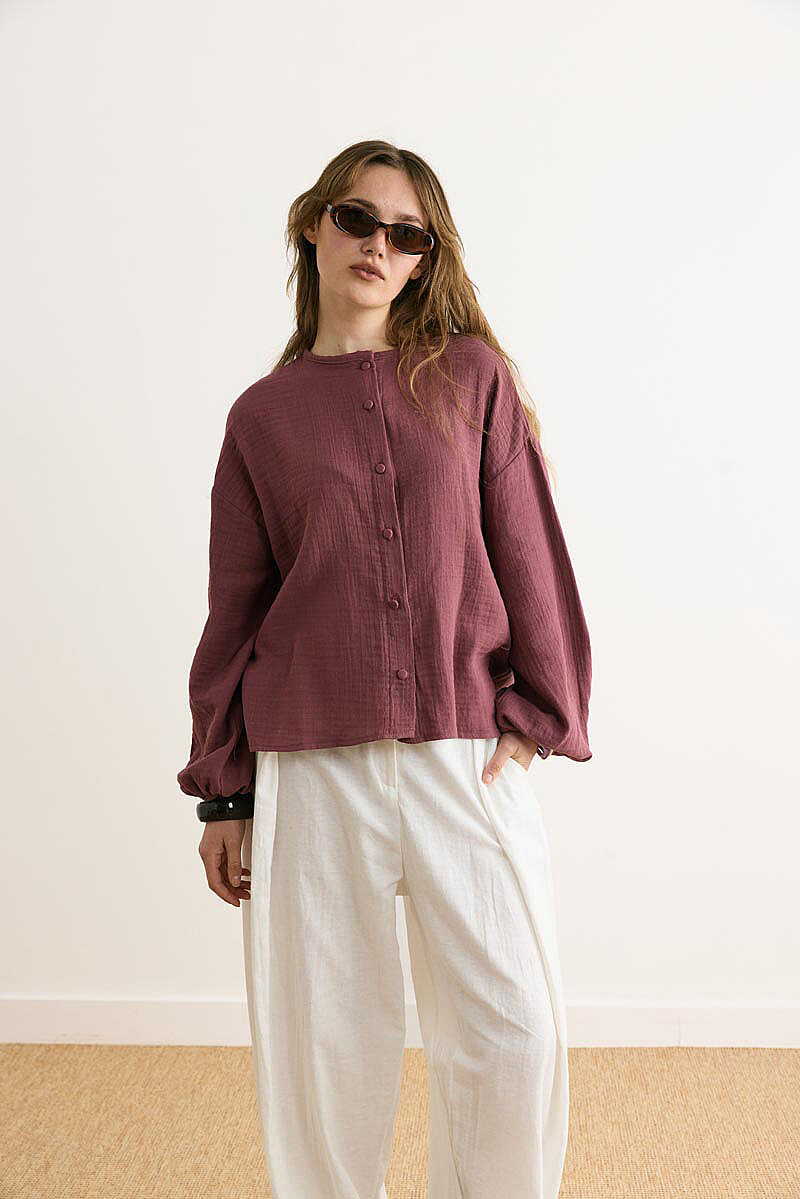 Hakim Yaka Müslin Gömlek Soft Mürdüm