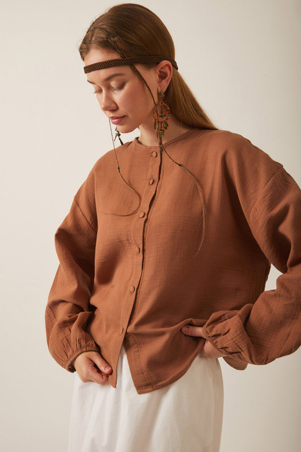 Hakim Yaka Müslin Gömlek Taba - 5