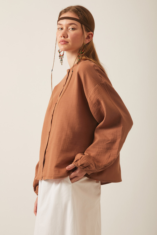 Hakim Yaka Müslin Gömlek Taba - 7