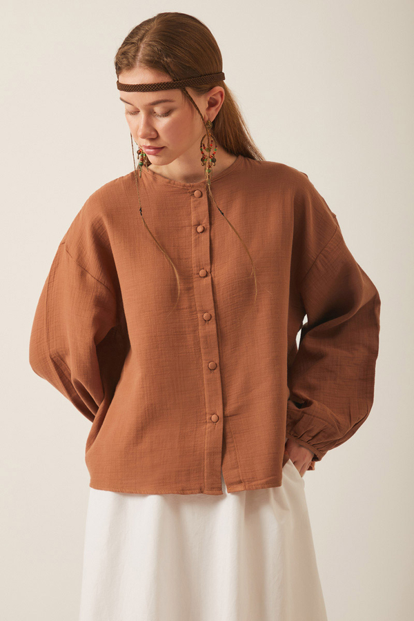 Hakim Yaka Müslin Gömlek Taba 