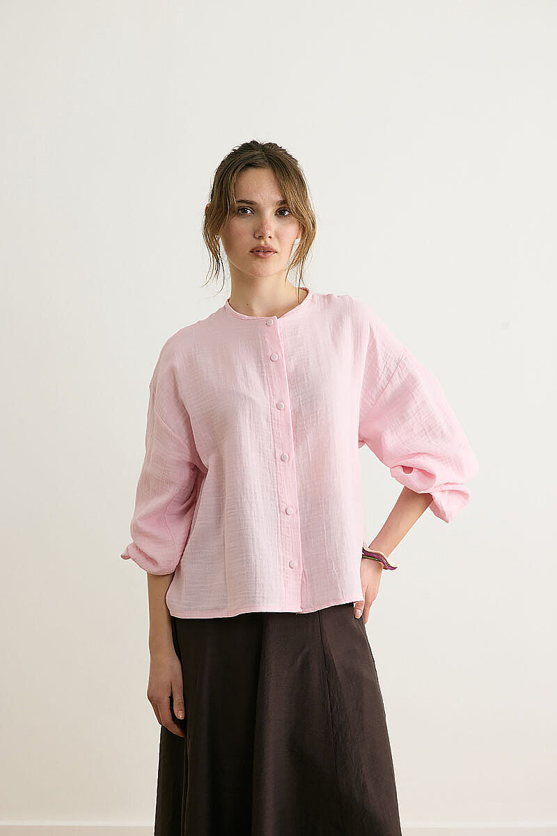 Hakim Yaka Müslin Gömlek Toz Pembe