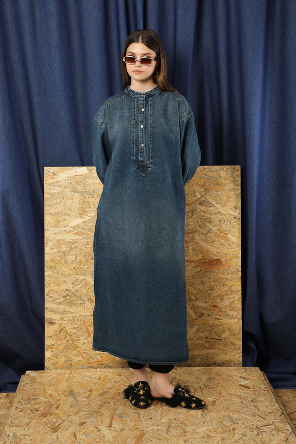Denim Tunik Elbise Koyu Mavi - 5