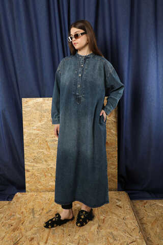 Denim Tunik Elbise Koyu Mavi - 4