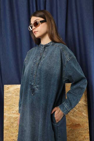Denim Tunik Elbise Koyu Mavi - 1