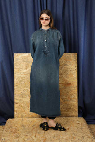 Denim Tunik Elbise Koyu Mavi - 5