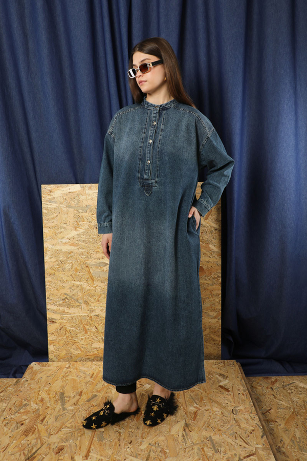 Denim Tunik Elbise Koyu Mavi - 4