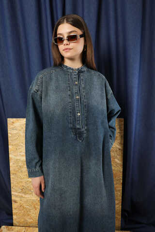 Denim Tunik Elbise Koyu Mavi - 6