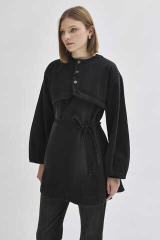 Half Button Denim Tunic Black - 1