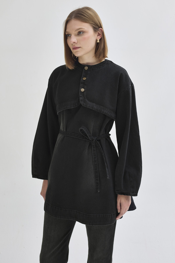 Half Button Denim Tunic Black - 1