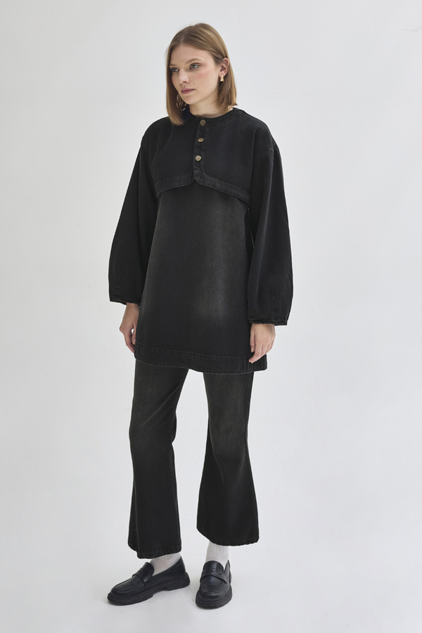 Half Button Denim Tunic Black - 5