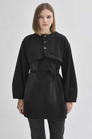 Half Button Denim Tunic Black - 3