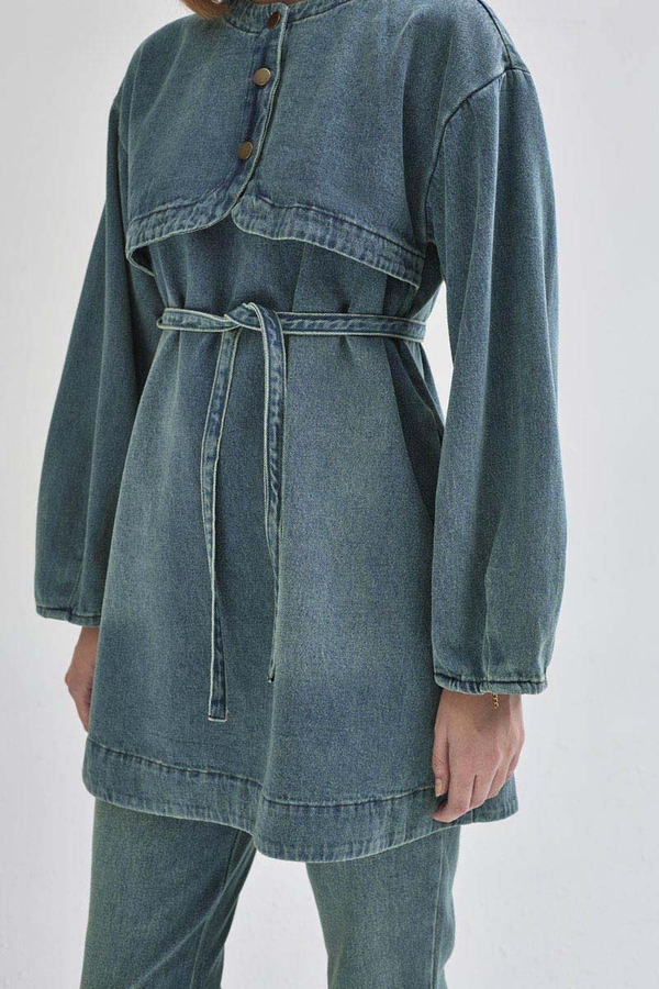Half Button Denim Tunic Green Tint - 6
