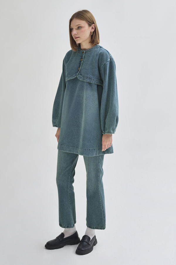 Half Button Denim Tunic Green Tint - 7