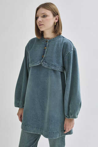 Half Button Denim Tunic Green Tint - 4