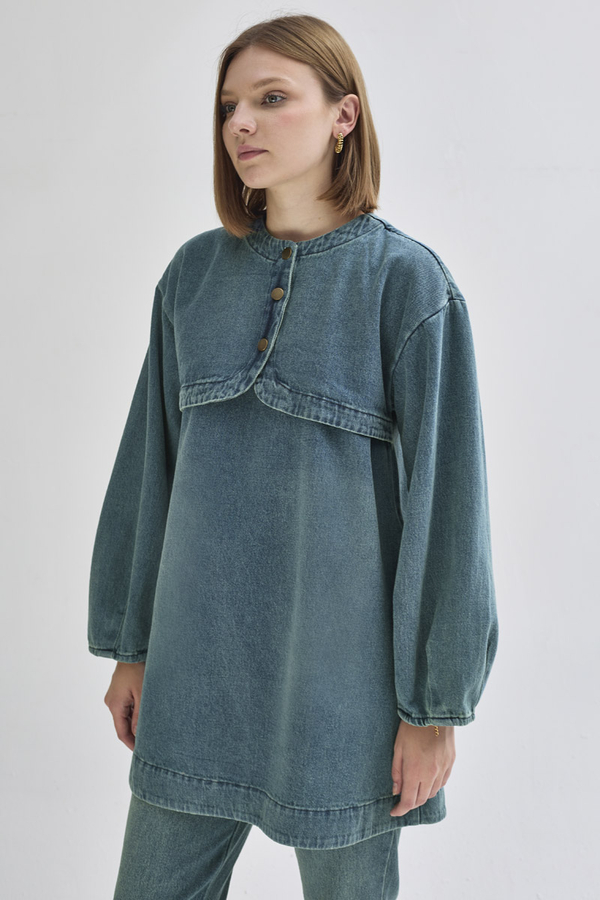Half Button Denim Tunic Green Tint - 4