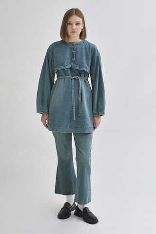 Half Button Denim Tunic Green Tint - 1