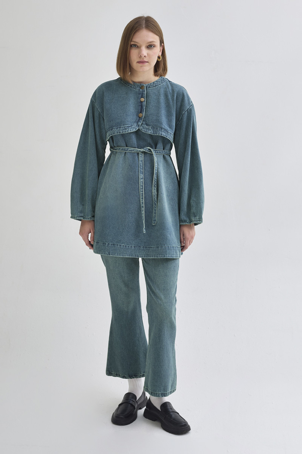 Half Button Denim Tunic Green Tint 