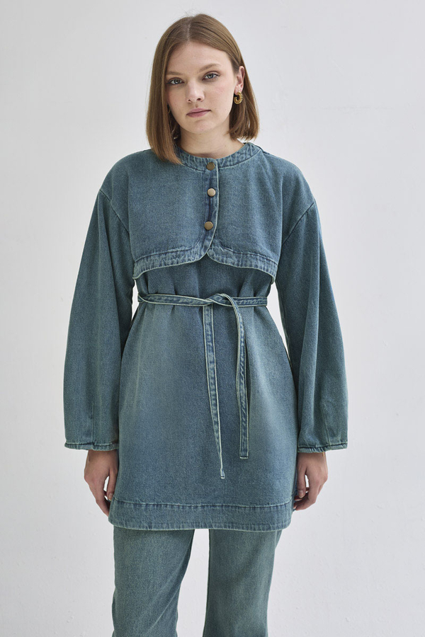 Half Button Denim Tunic Green Tint - 2