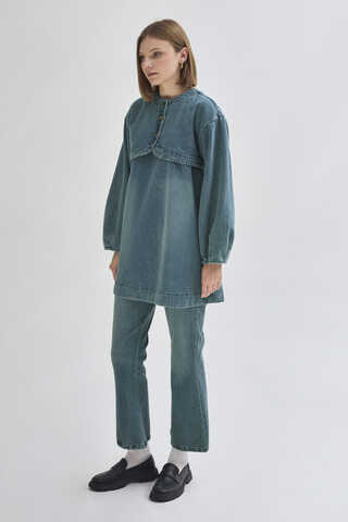 Half Button Denim Tunic Green Tint - 7