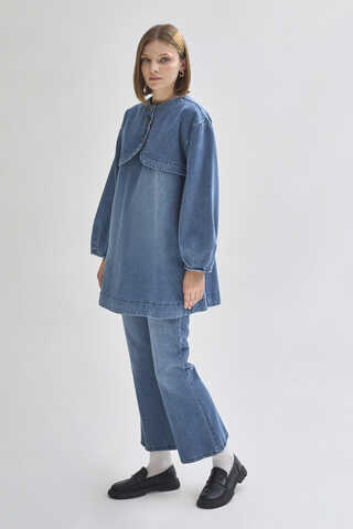 Half Button Denim Tunic Light Blue - 6