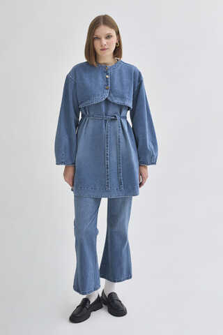 Half Button Denim Tunic Light Blue - 3