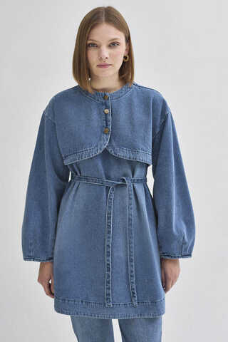 Half Button Denim Tunic Light Blue - 1
