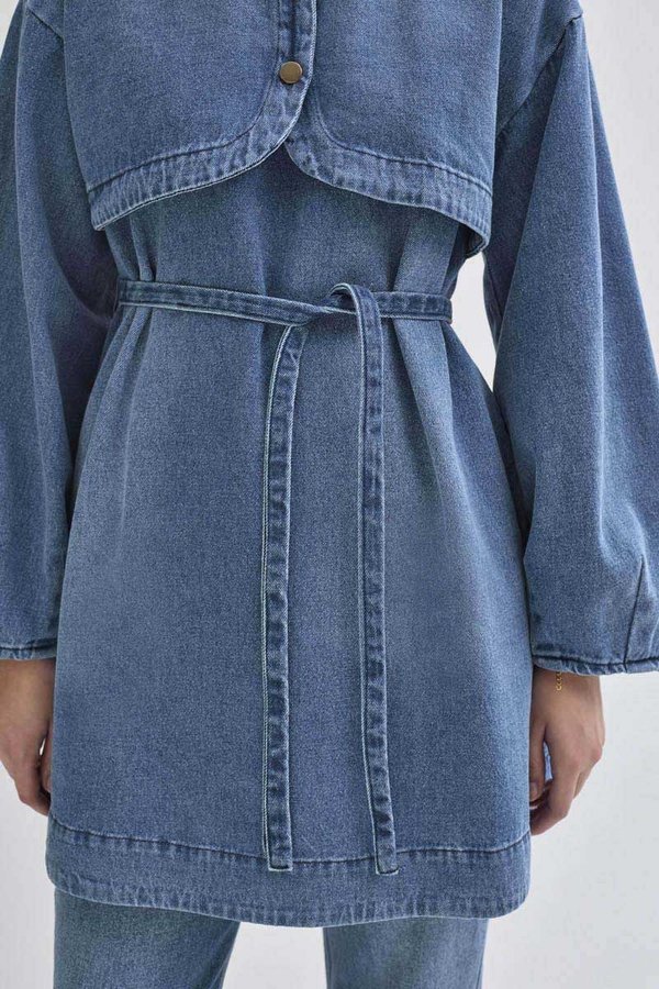 Half Button Denim Tunic Light Blue - 5