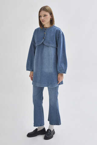 Half Button Denim Tunic Light Blue - 2