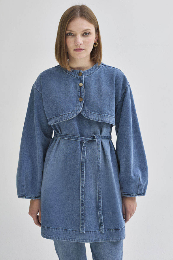 Half Button Denim Tunic Light Blue 