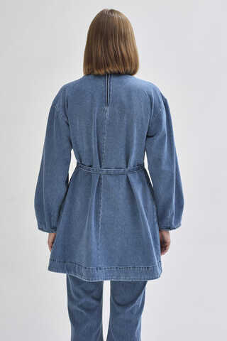 Half Button Denim Tunic Light Blue - 7