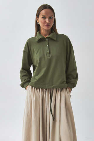 Half Button Sweatshirt Khaki - 2