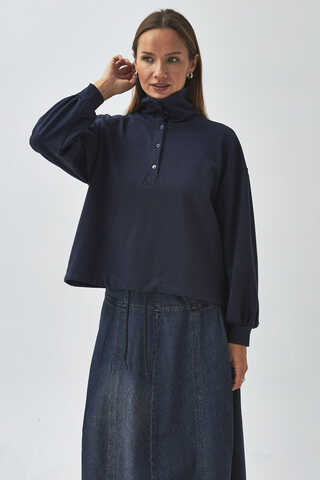 Half Button Sweatshirt Navy Blue - 1