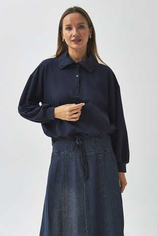 Half Button Sweatshirt Navy Blue - 3