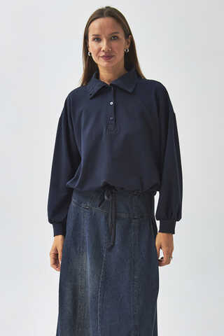 Half Button Sweatshirt Navy Blue - 4