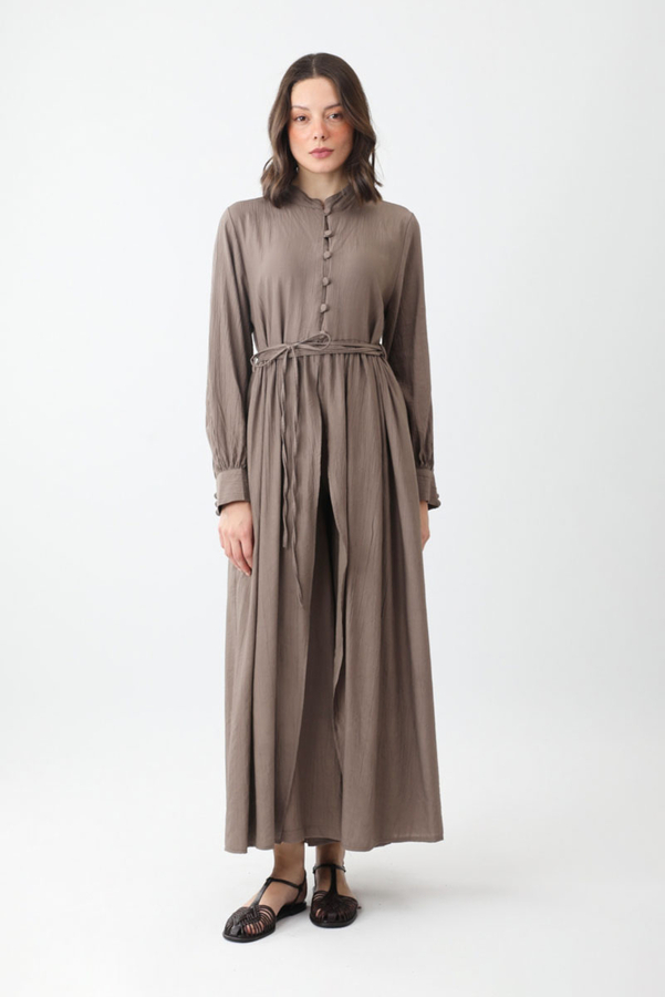 Half-Buttoned Abaya Set in Earth Brown - 1