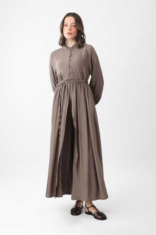 Half-Buttoned Abaya Set in Earth Brown - 2