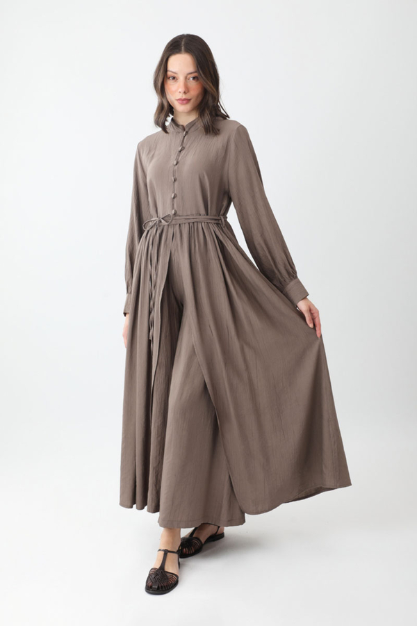 Half-Buttoned Abaya Set in Earth Brown - 6